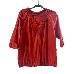 Loft Womens Rust Ruffle Neck Tie Front 3/4 Sleeve Peasant Blouse Small Loose Fit